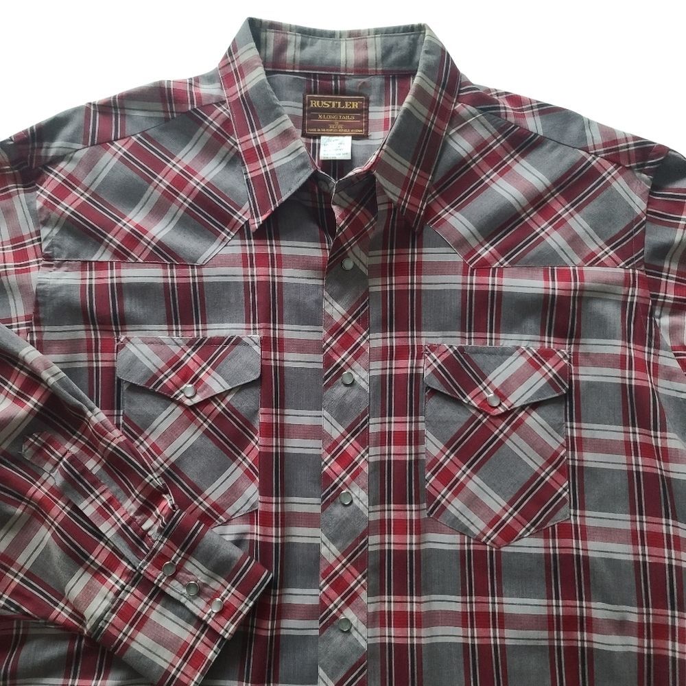 Vtg Rustler X-Long Tails Men's Sz 18 34/35 Red & Grey Plaid Pearl Snap Shirt